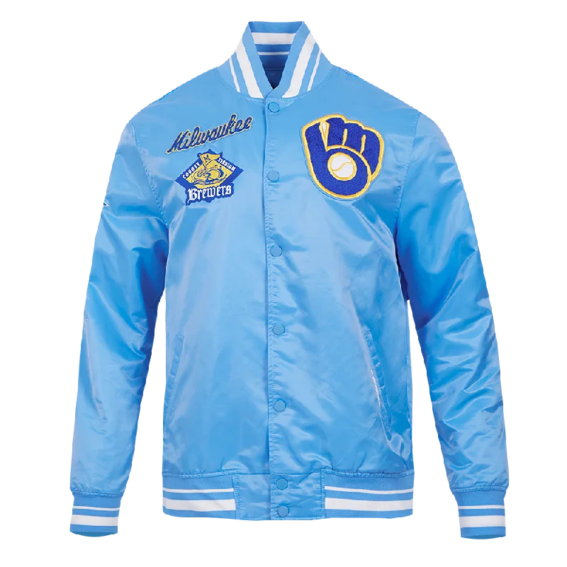 MLB MILWAUKEE BREWERS RETRO CLASSIC MEN'S RIB SATIN JACKET (UNIVERSITY BLUE)