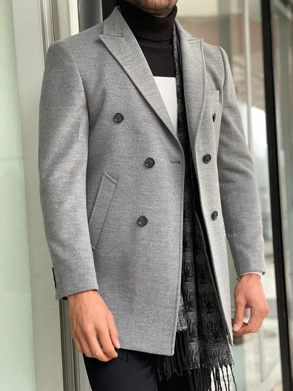 Mantonis Gray Slim Fit Double Breasted Wool Long Coat