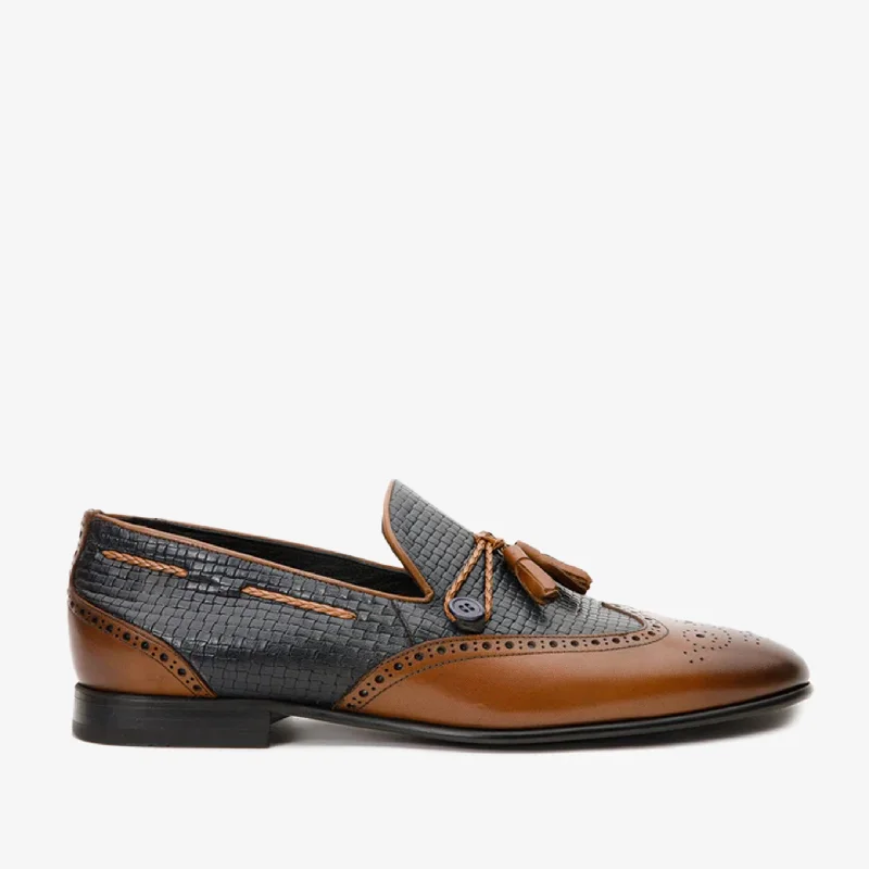 The Istanbul Tan & Navy Blue Leather Tassel Loafer Men Shoe