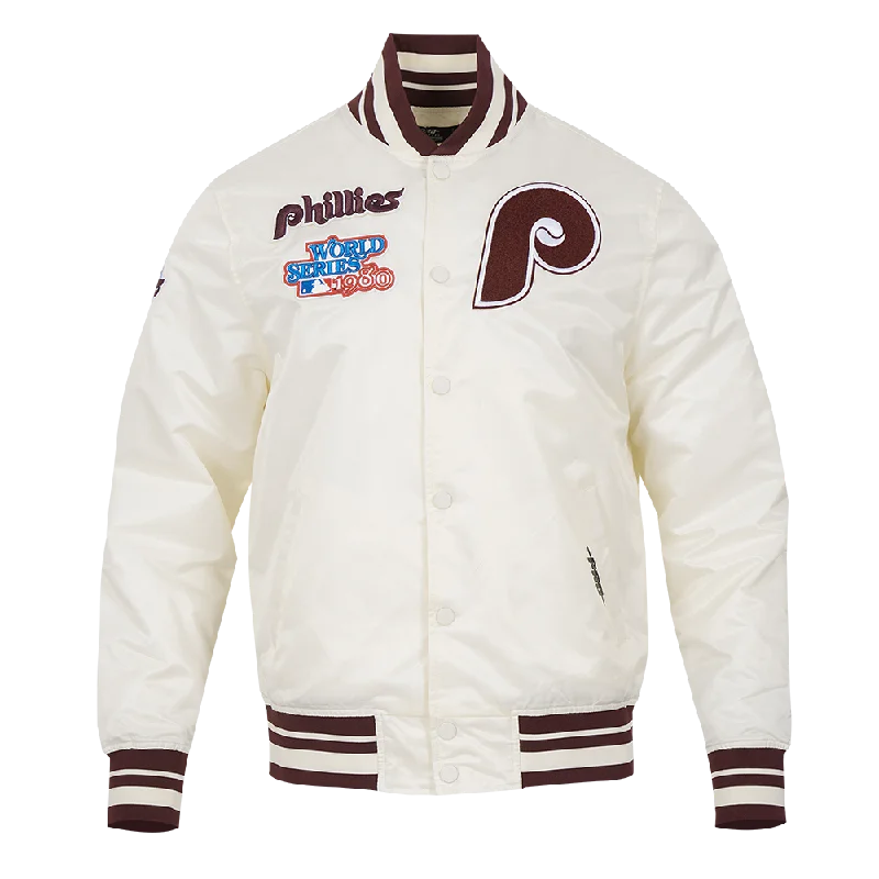 MLB PHILADELPHIA PHILLIES RETRO CLASSIC MEN'S RIB SATIN JACKET (EGGSHELL/WINE)