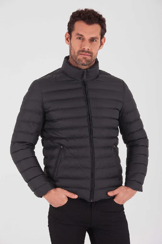 Slim Fit Black Padded Stand Collar Full-Zip Coat