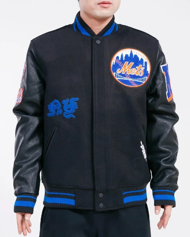 MLB NEW YORK METS OLD ENGLISH WOOL MEN'S VARSITY JACKET (BLACK / ROYAL BLUE)