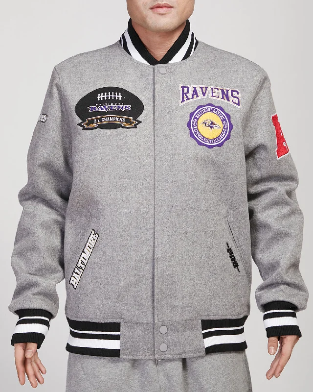 NFL BALTIMORE RAVENS CREST EMBLEM MEN'S WOOL VARSITY JACKET (HEATHER GRAY/BLACK)