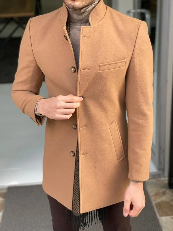 Bojo Camel Slim Fit Judge Collar Wool Long Coat