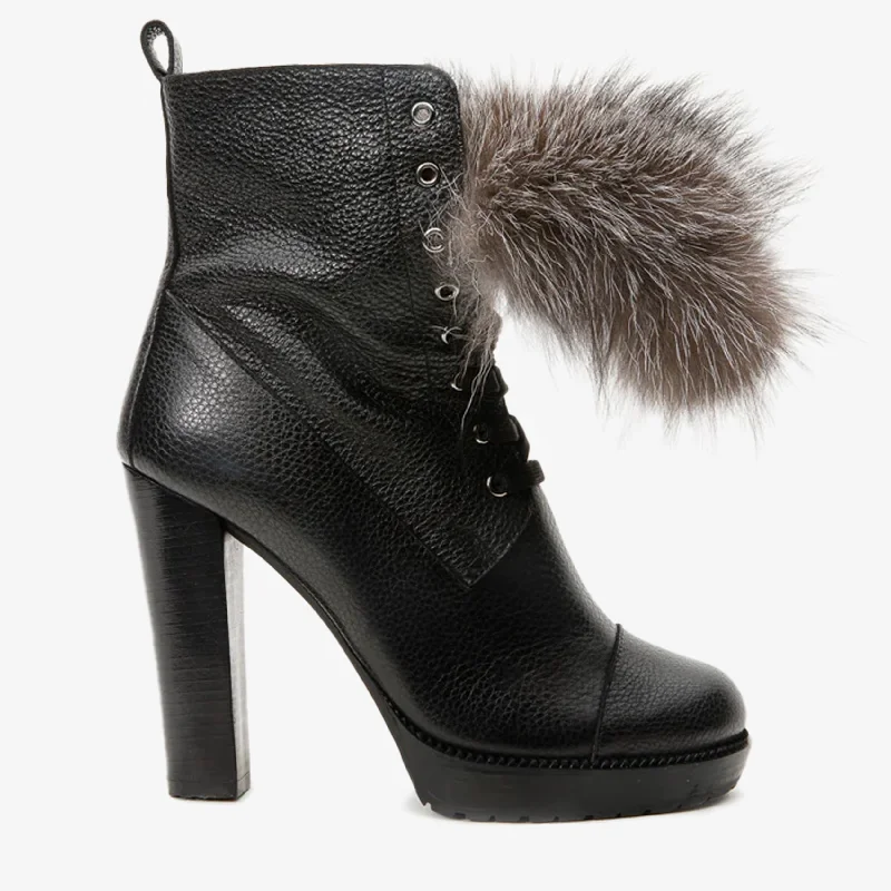 The Melo Black Leather Natural Fur Mid Calf Platform Heel Women Boot