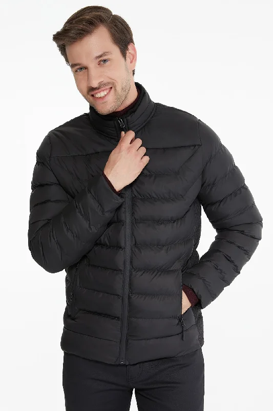 Slim Fit Black Padded Stand Collar Coat