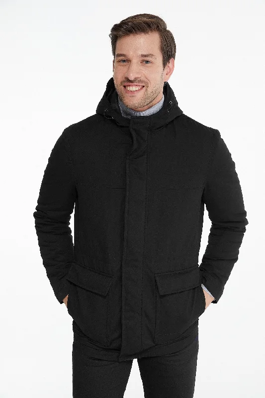 Slim Fit Stand Collar Hooded Black Coat