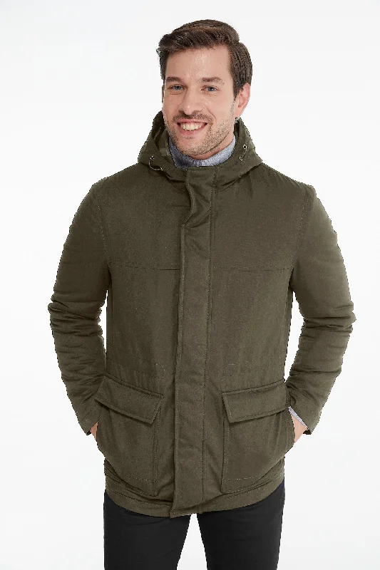 Slim Fit Stand Collar Hooded Khaki Coat