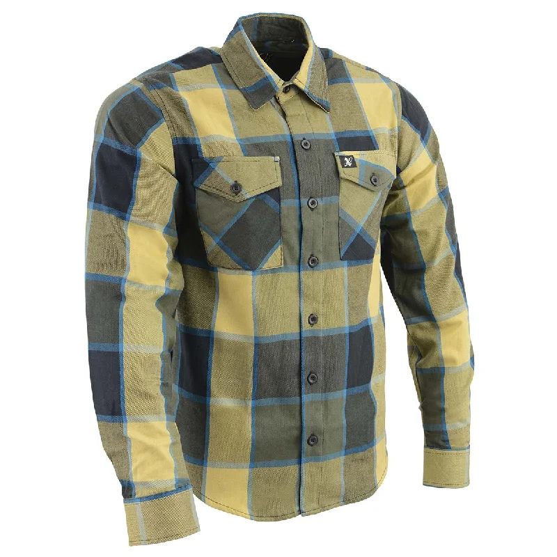 Milwaukee Leather Men's Flannel Plaid Shirt Beige with Black and Blue Long Sleeve Cotton Button Down Shirt MNG11639