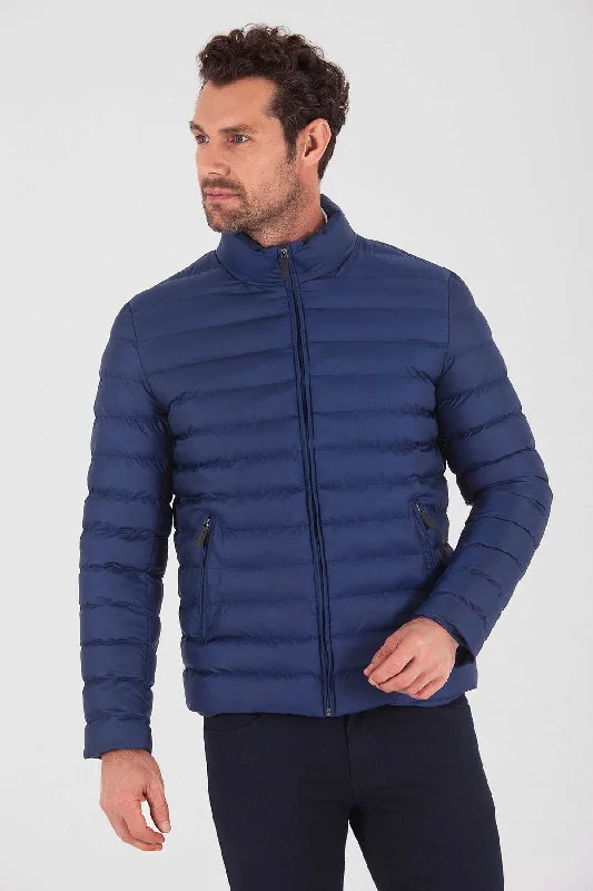 Slim Fit Navy Padded Bogner Stand Collar Coat