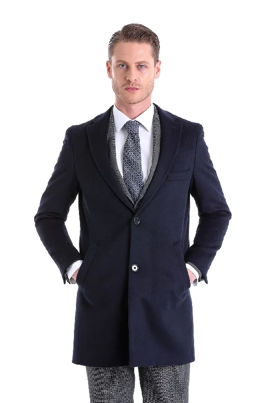 Slim Fit Cachet Notch Lapel Navy Wool Blend Overcoat