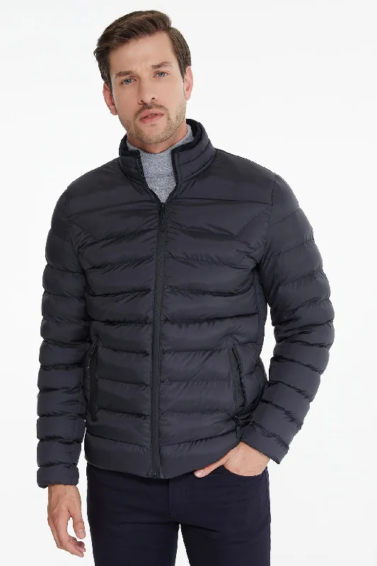 Slim Fit Navy Padded Stand Collar Coat