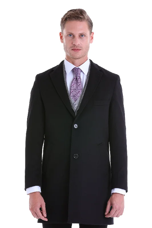 Slim Fit Notch Lapel Black Wool Blend Overcoat