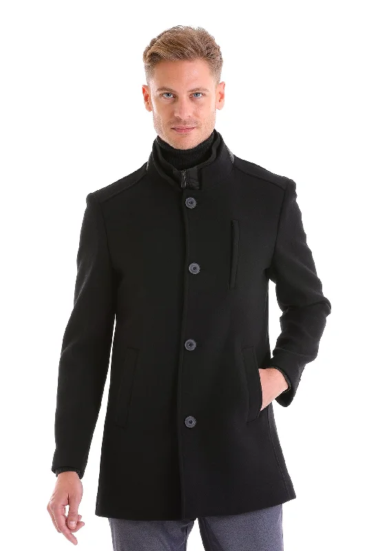 Slim Fit Cachet Stand Collar Black Wool Blend Overcoat