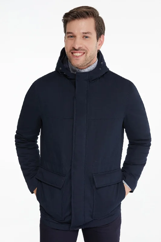 Slim Fit Stand Collar Hooded Navy Coat