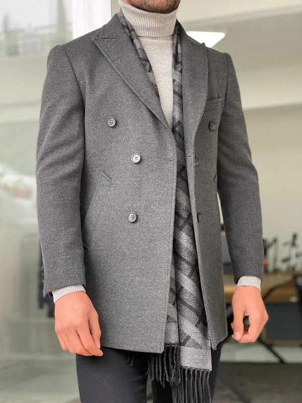 Mantonis Dark Gray Slim Fit Double Breasted Wool Long Coat