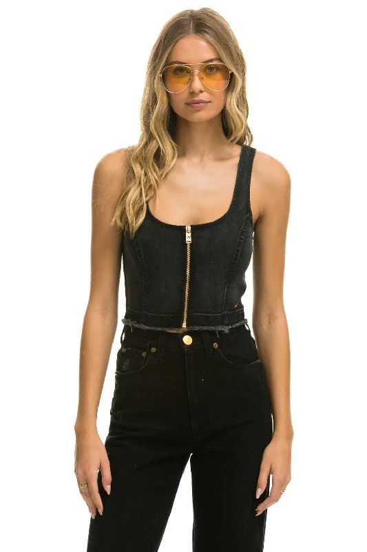 DENIM TOP ZIP FRONT BUSTIER - VINTAGE BLACK