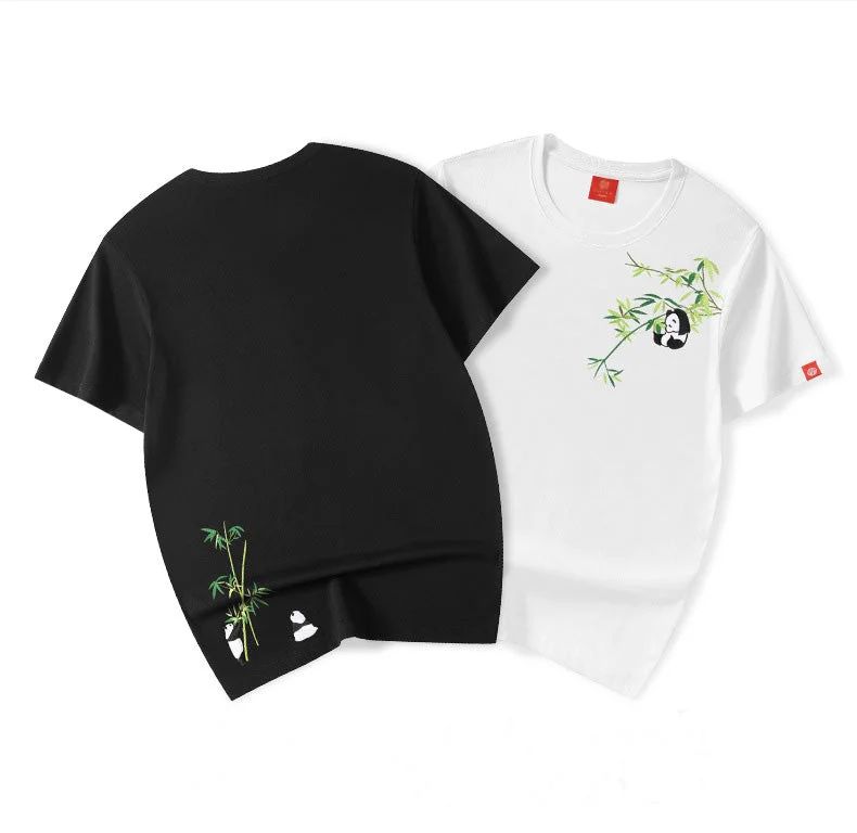 100% Cotton Round Neck Panda & Bamboo Embroidery Short Sleeve T-shirt