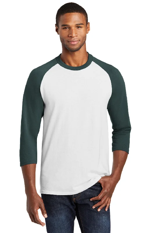 Port & Company Mens Core Moisture Wicking 3/4 Sleeve Crewneck T-Shirt - White/Dark Green - Closeout