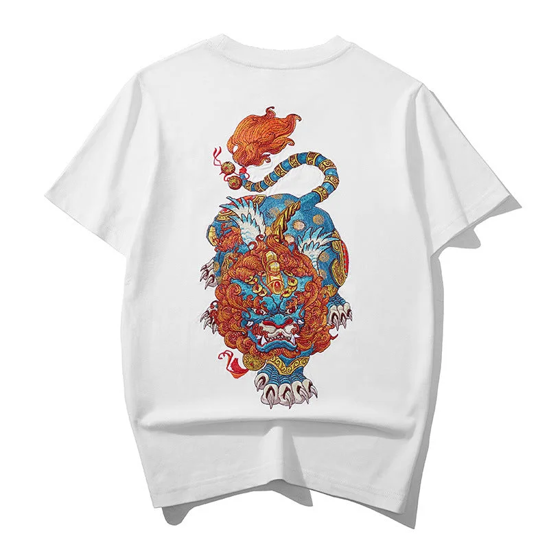 100% Cotton Round Neck Wealth God Pixiu Embroidery Short Sleeve T-shirt