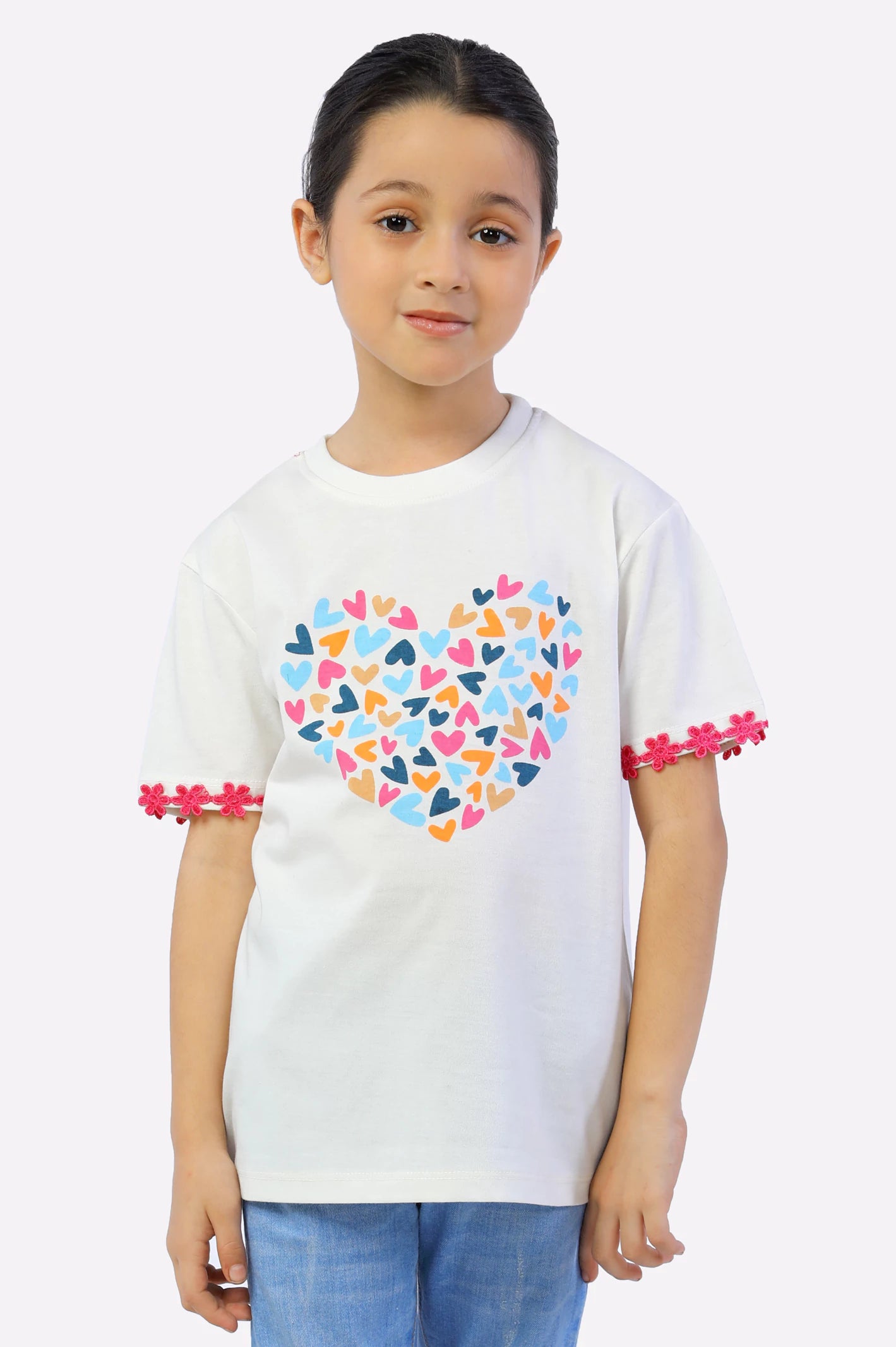 White Heart Printed Girls T-Shirt