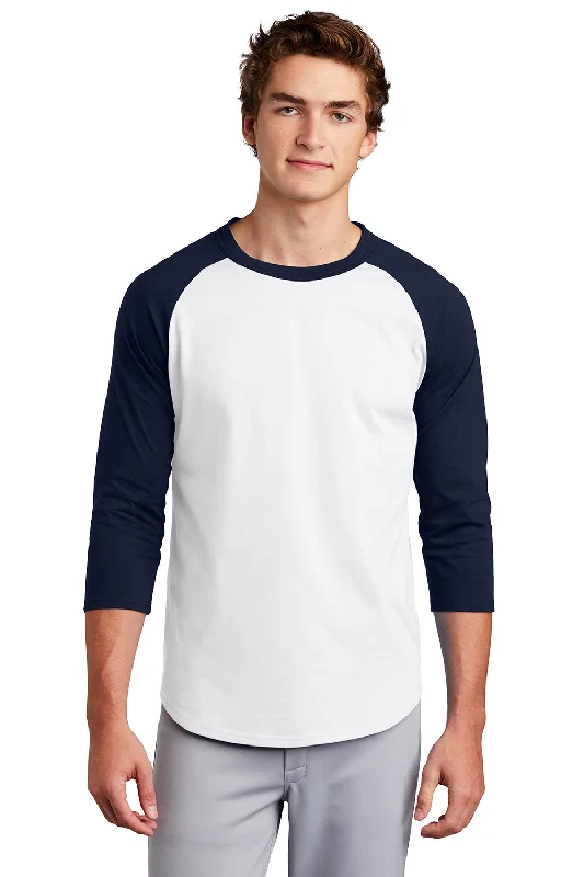 Sport-Tek Mens 3/4 Sleeve Crewneck T-Shirt - White/Navy Blue