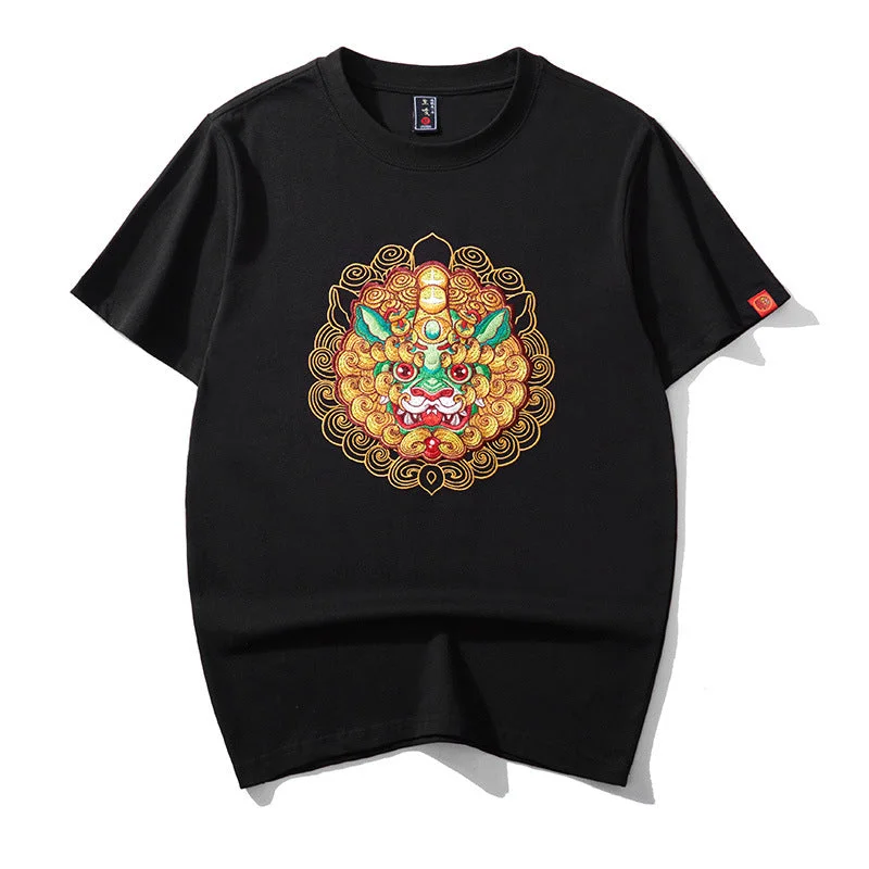 100% Cotton Round Neck Wealth God Pixiu's Face Embroidery Short Sleeve T-shirt