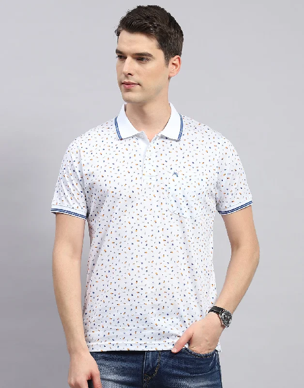 Men White Printed Polo Collar Half Sleeve T-Shirt