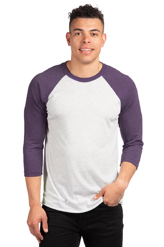 Next Level Mens Jersey 3/4 Sleeve Crewneck T-Shirt - Heather White/Purple Rush