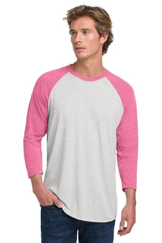 Next Level Mens Jersey 3/4 Sleeve Crewneck T-Shirt - Heather White/Vintage Pink