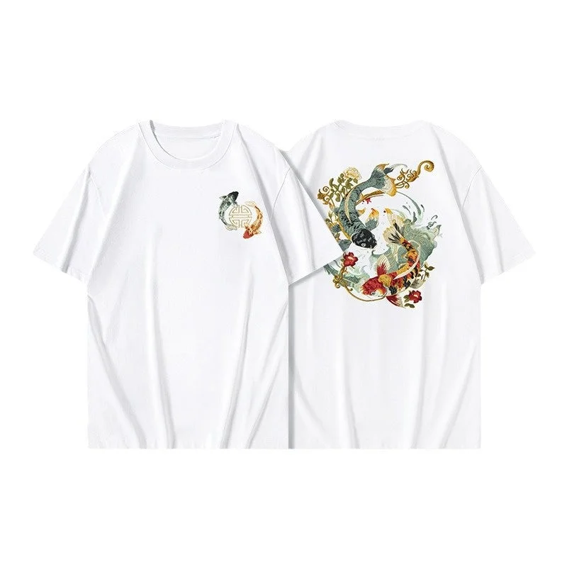 100% Cotton Round Neck Blossoming Koi Embroidery Short Sleeve T-shirt