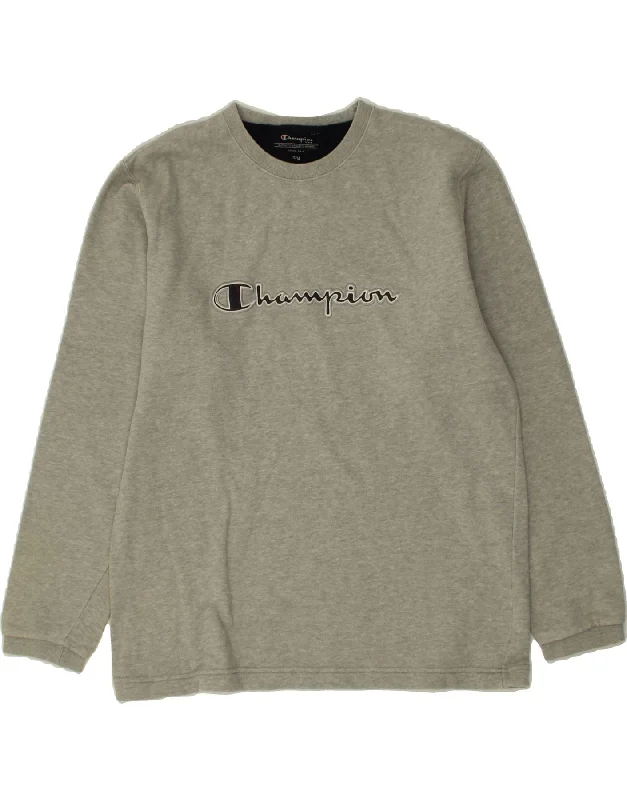 CHAMPION Boys Graphic Top Long Sleeve 13-14 Years Grey Cotton