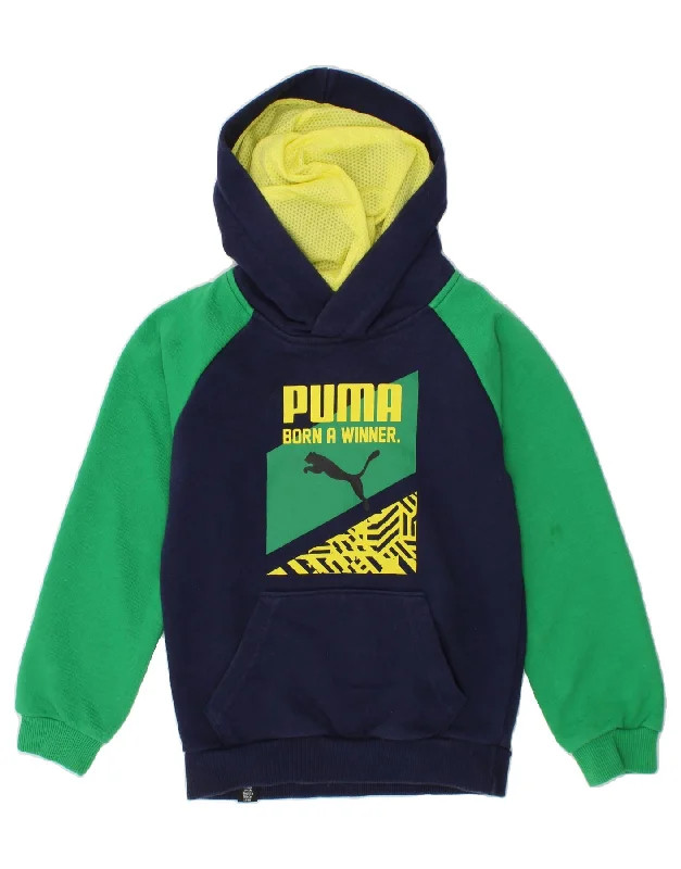 PUMA Boys Graphic Hoodie Jumper 4-5 Years Navy Blue Colourblock Cotton