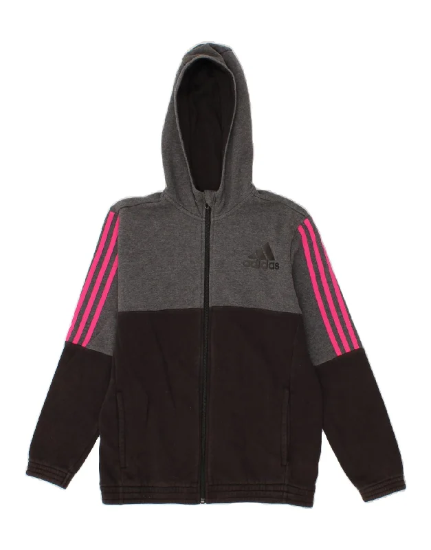 ADIDAS Boys Zip Hoodie Sweater 13-14 Years Black Colourblock Cotton