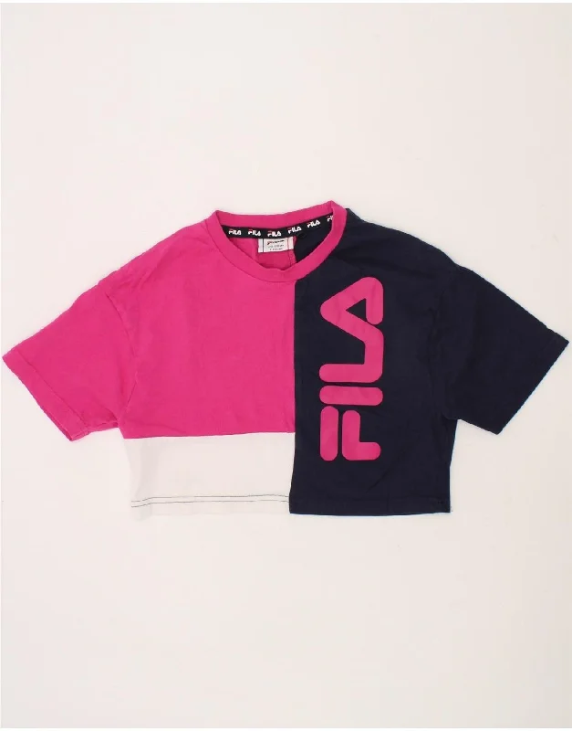 FILA Girls Crop Graphic T-Shirt Top 7-8 Years Pink Colourblock Cotton