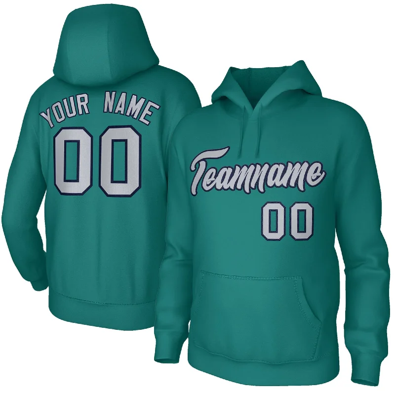 Custom Stitched Aqua Gray Navy Classic Style Sweatshirt Pullover Hoodie