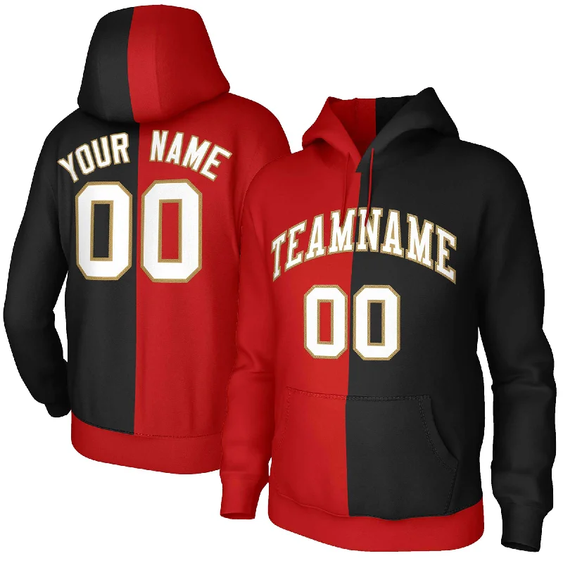 Custom Red Black White-Old Gold Split Fashion Stitched Sportwear Pullover Hoodie