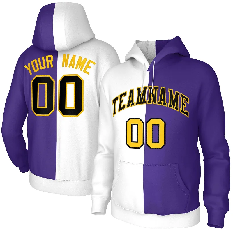 Custom White Purple Black-Gold Split Fashion Stitched Sportwear Pullover Hoodie