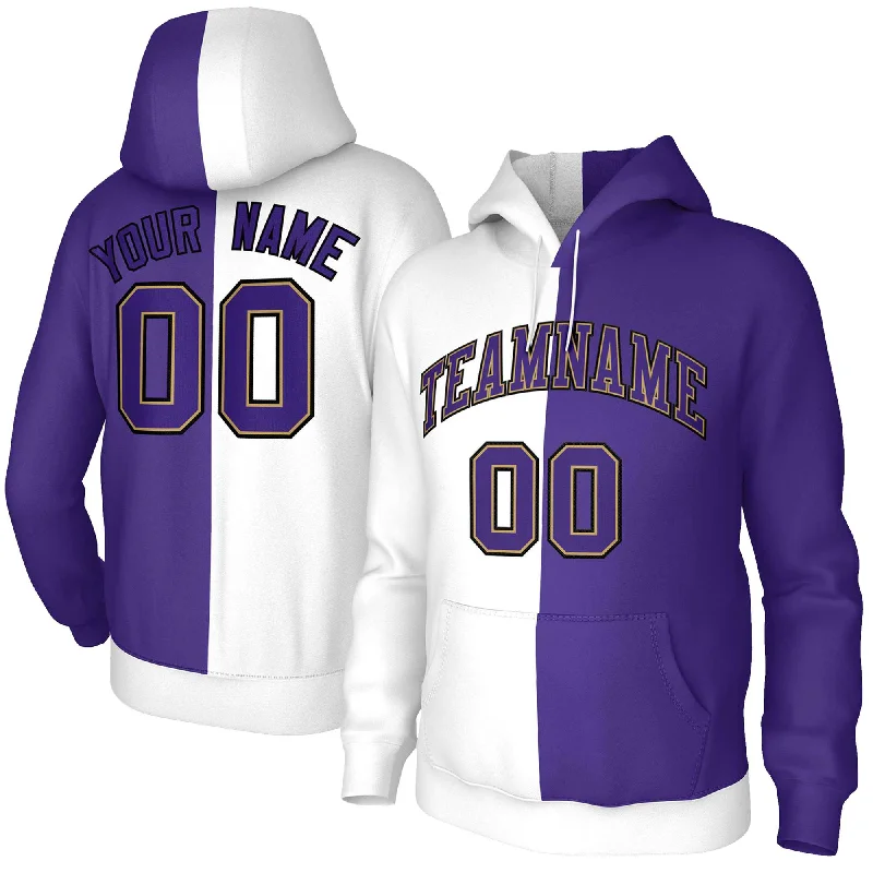 Custom White Purple Purple-Old Gold Split Fashion Stitched Sportwear Pullover Hoodie