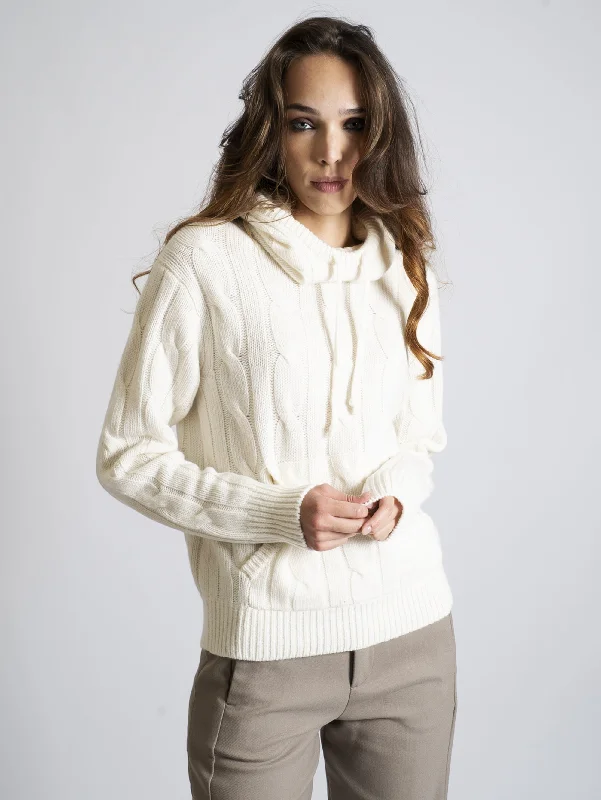 Maglia a Trecce con Cappuccio Cream