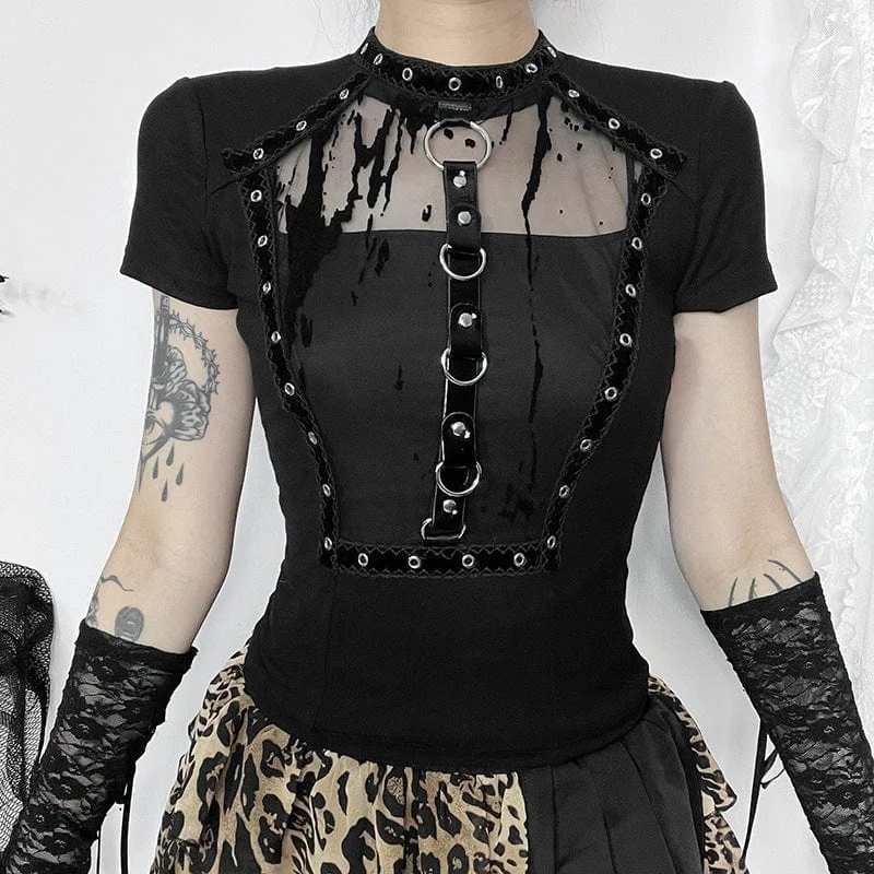 Women's Gothic Eyelet Strap Splice Mesh Shirt