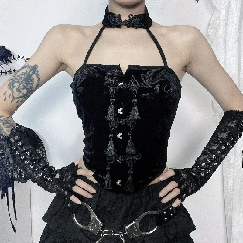 Women's Gothic Halterneck Flocking Velvet Bustier