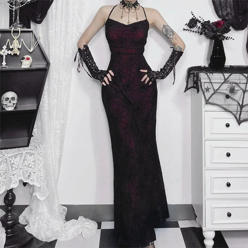 Women's Gothic Spider Web Lace-up Halloween Slip Dress