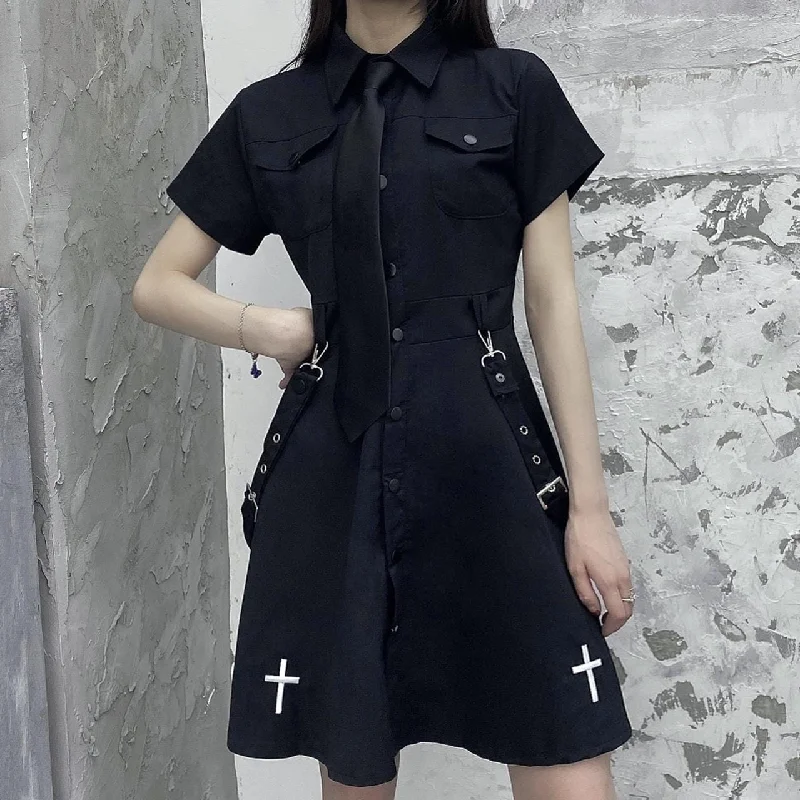 Women's Punk Turn-down Collar Homecoming Dress with Tie